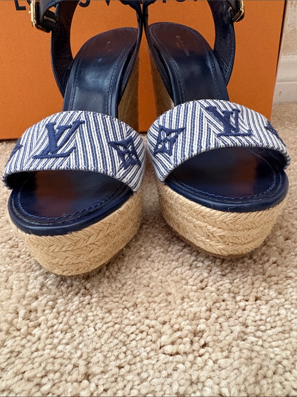Louis Vuitton Navy Monogram Striped Canvas Espadrille Wedge Sandals - Picture 5 of 8